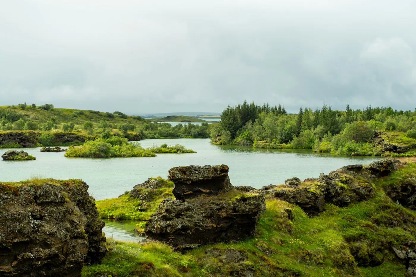 Lake with small lava islets, mossy lava rocks and birch trees
